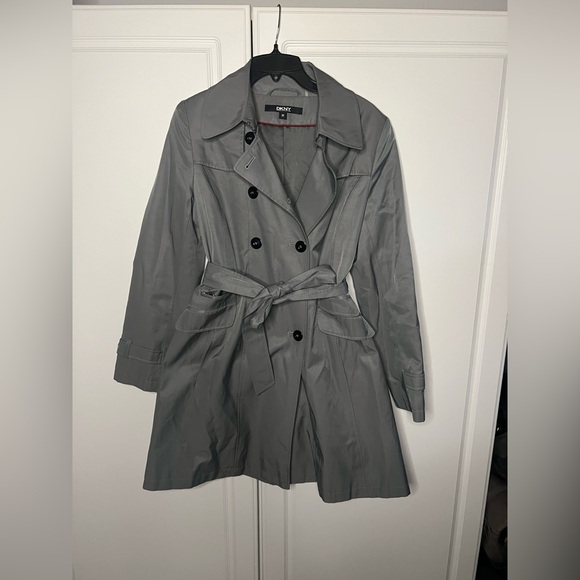 DKNY Gray Belted Trench Coat Medium Classic Double Breasted - Picture 2 of 16